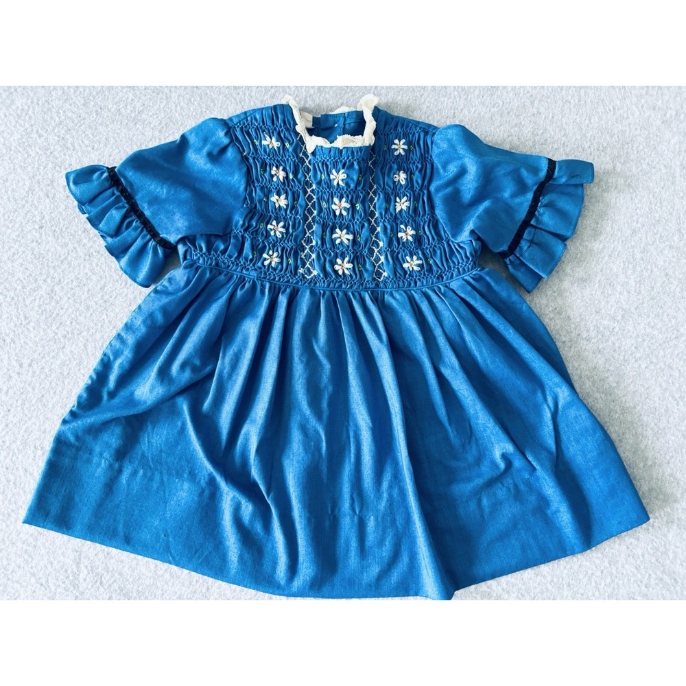 Vintage Toddler Smocked Floral Blue‎ Short Sleeve Dress 3 Sears Perma Press